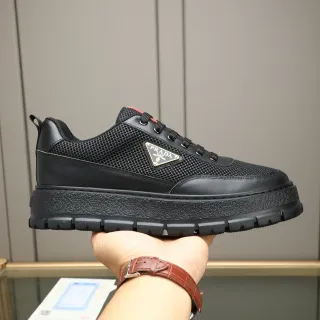 Prada Cloudbust Black Red Mesh And Leather Upper Triangular Metal Logo Chunky Sneakers