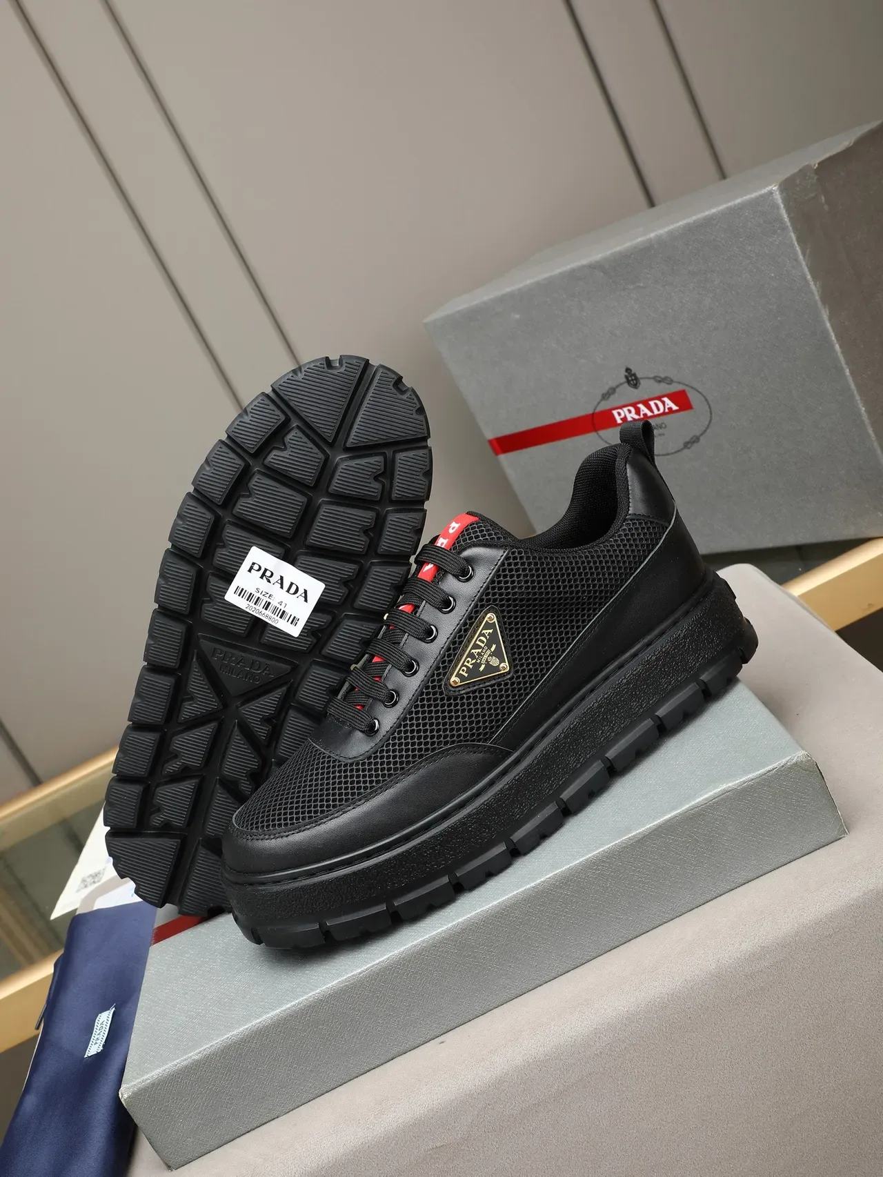 Prada Cloudbust Black Red Mesh And Leather Upper Triangular Metal Logo Chunky Sneakers 4