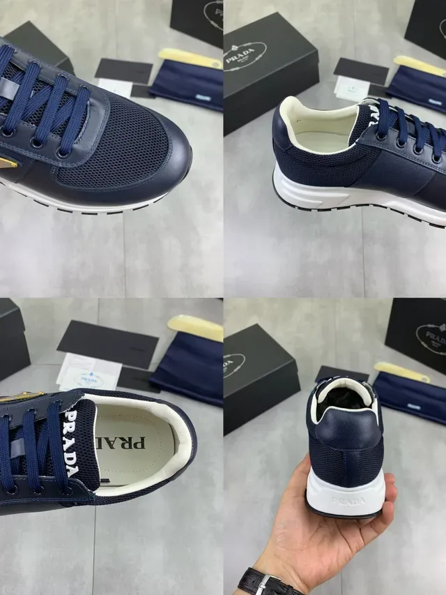 Prada Cloudbust নেভি হোয়াইট মেশ এবং চামড়া উপর গোল্ড-টোন ত্রিভুজাকার লোগো লাইফস্টাইল স্নিকার 2