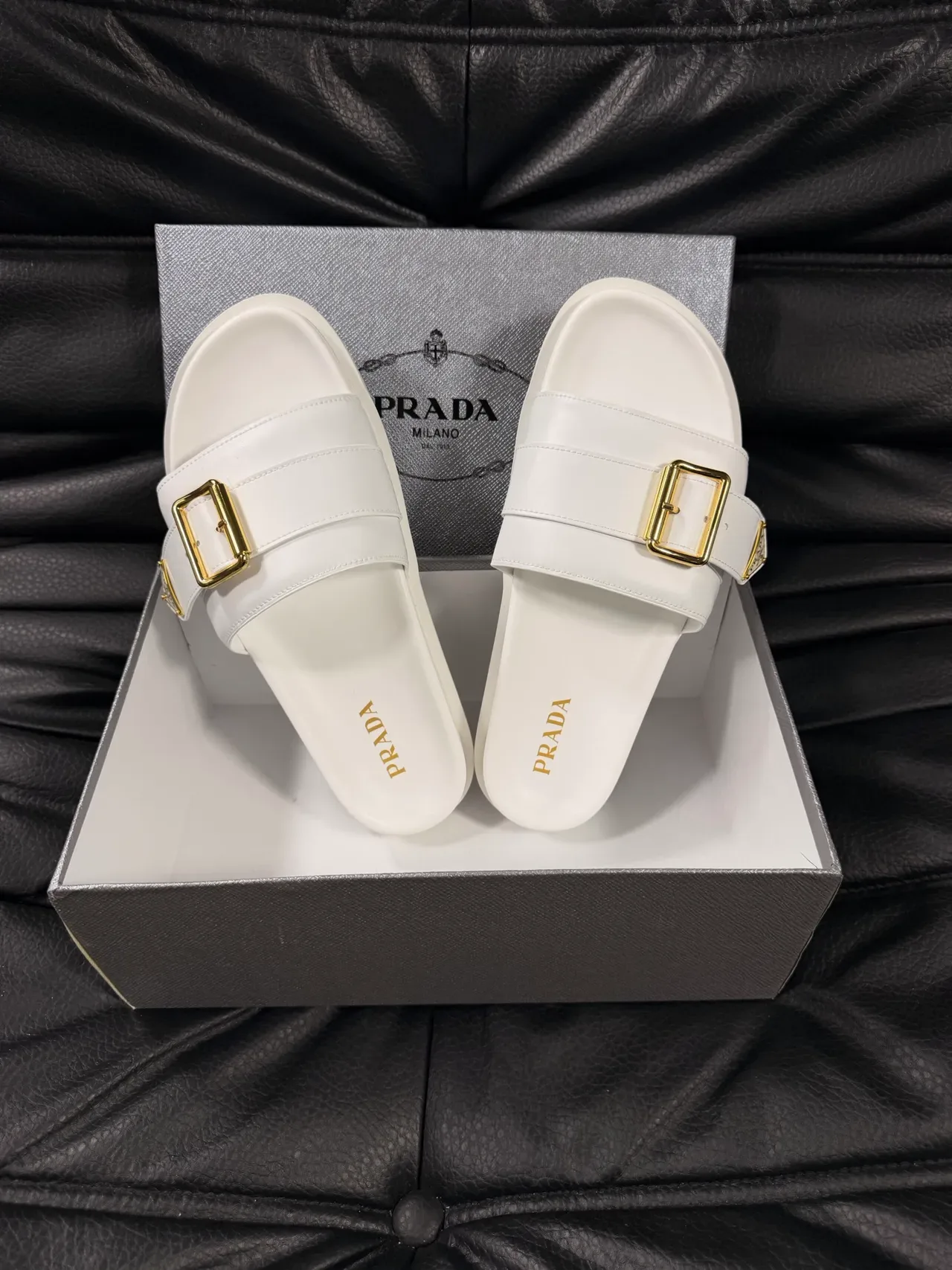 Prada Cloudbust Slide White Leather Gold Buckle Slippers 3