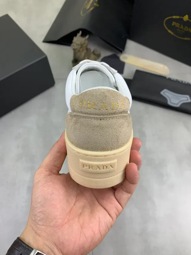 Prada Cloudbust White Beige Platform Sole Mixed Leather And Suede Panels Lifestyle Sneakers 3