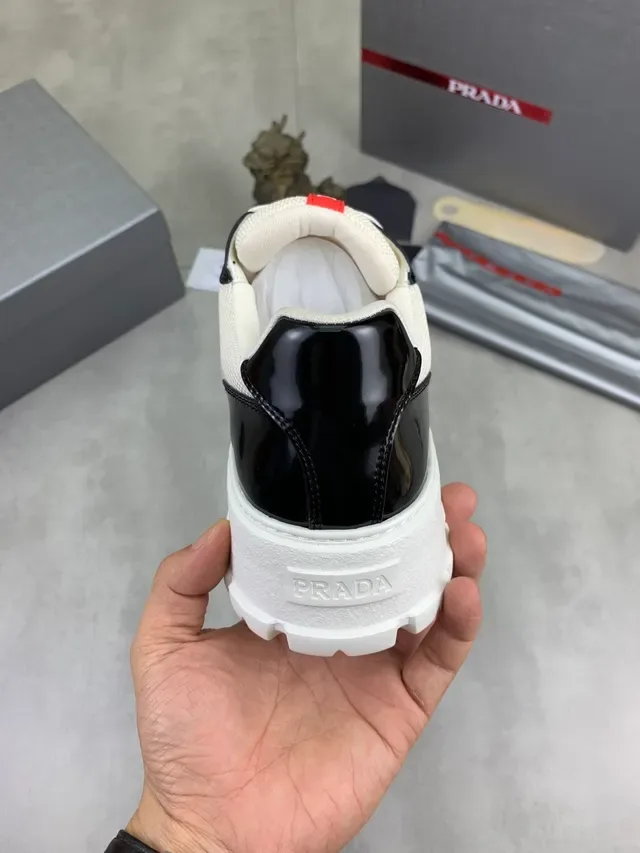 Prada Cloudbust White Black Chunky Platform Sole Patent Leather T-Overlay Lifestyle Sneakers 3