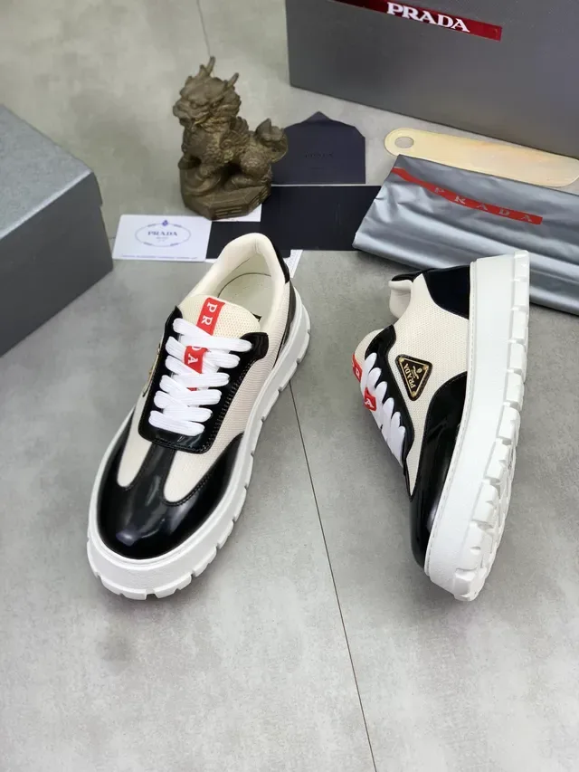 Prada Cloudbust White Black Chunky Platform Sole Patent Leather T-Overlay Lifestyle Sneakers 5