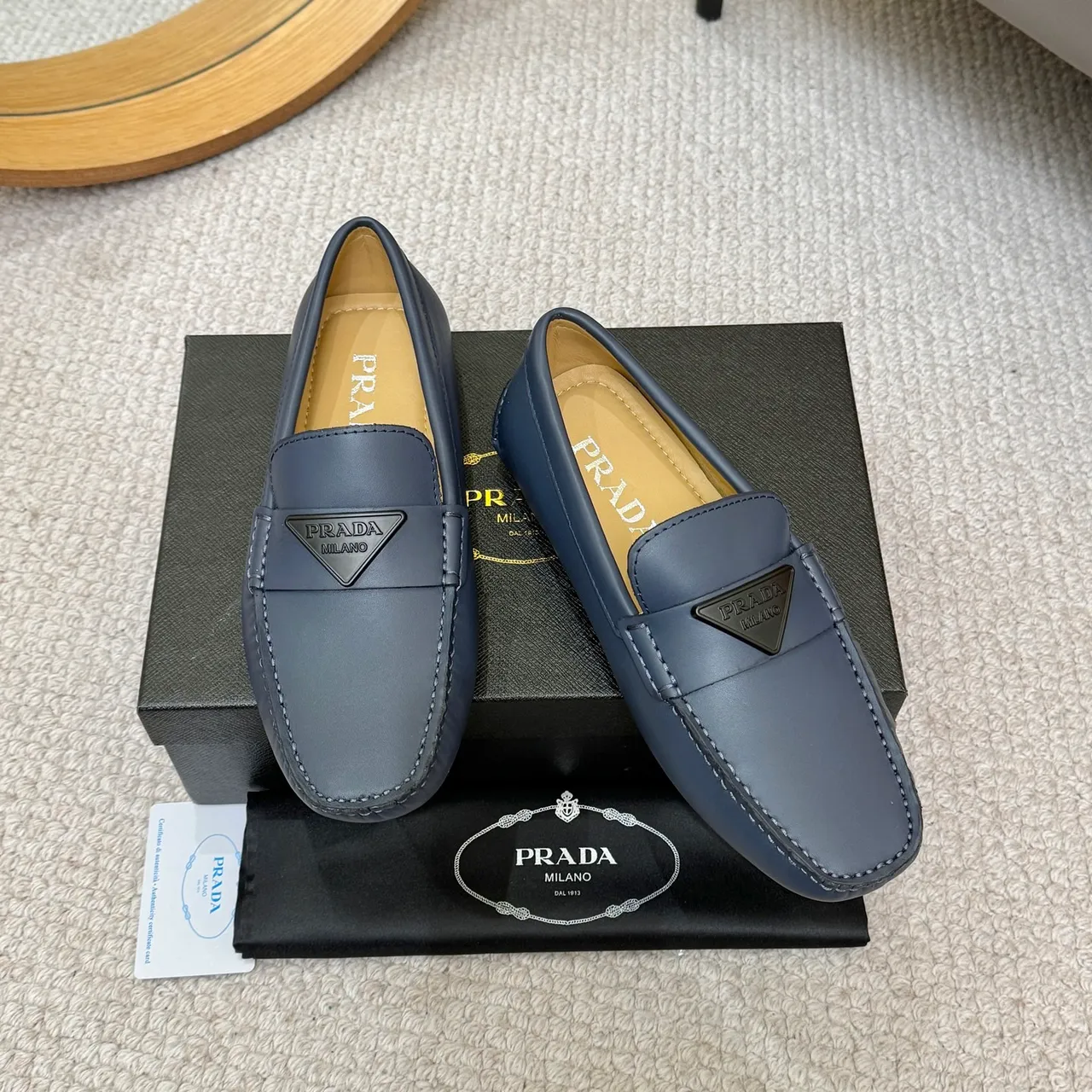 Prada Loafer Navy Beige Leather Square Toe Loafer 2
