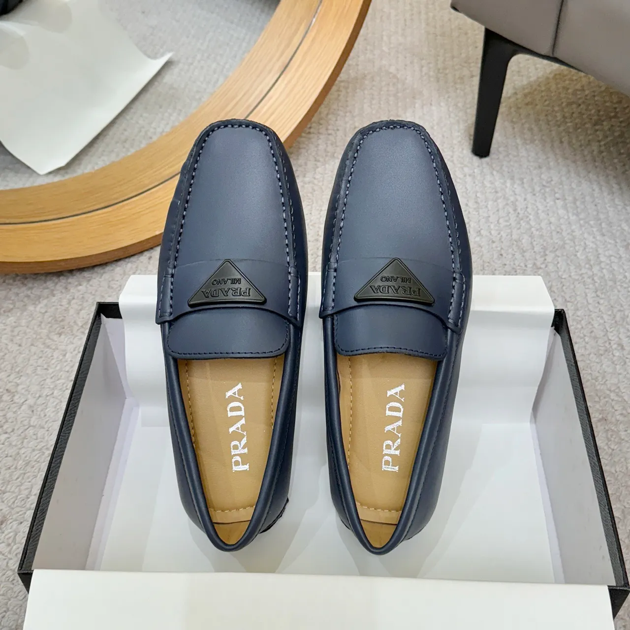 Prada Loafer Navy Beige Leather Square Toe Loafer 3