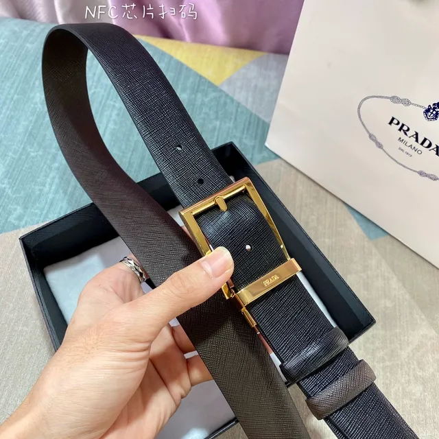 Prada Reversible Belt Brown Gold Saffiano Textured Leather Belt 8