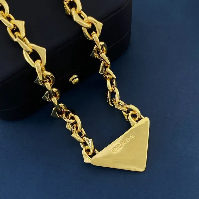 Prada Triangle Pendant Gold-Tone Chain Necklace 5