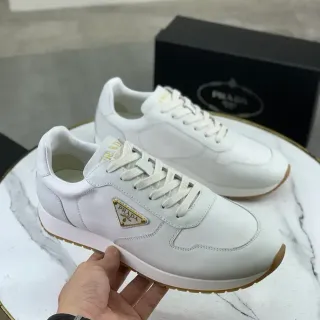 Prada White Beige Leather Upper Gum Rubber Sole Lifestyle Sneakers