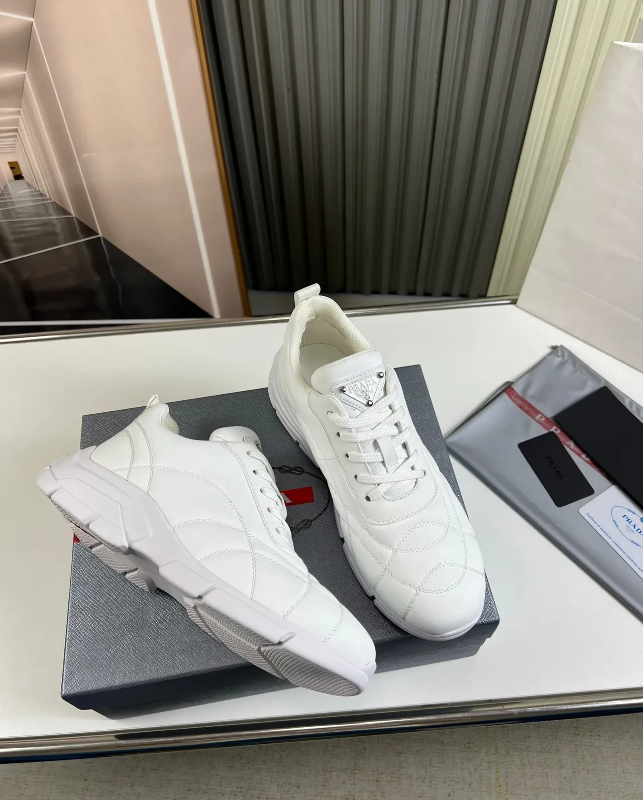 Prada White Beige Quilted Diamond-Stitch Upper Chunky Sculpted Sole Lifestyle Sneakers 5