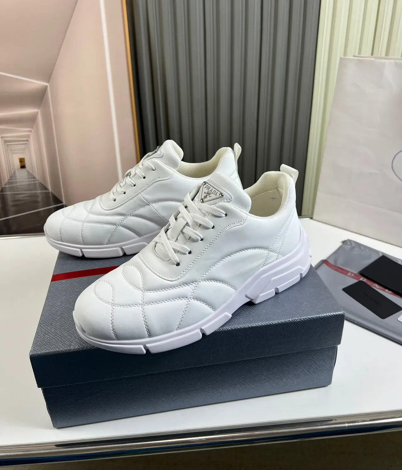 Prada White Beige Quilted Diamond-Stitch Upper Chunky Sculpted Sole Lifestyle Sneakers 8