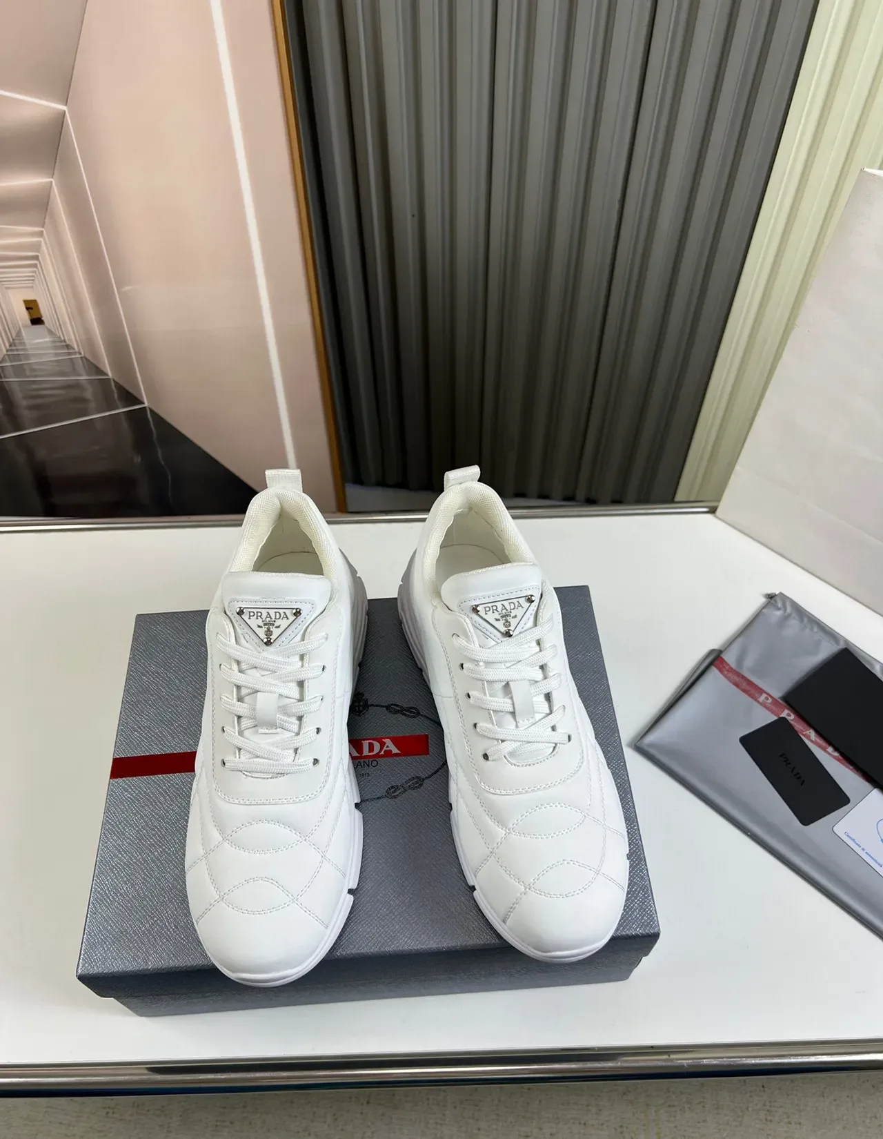 Prada White Beige Quilted Diamond-Stitch Upper Chunky Sculpted Sole Lifestyle Sneakers 9