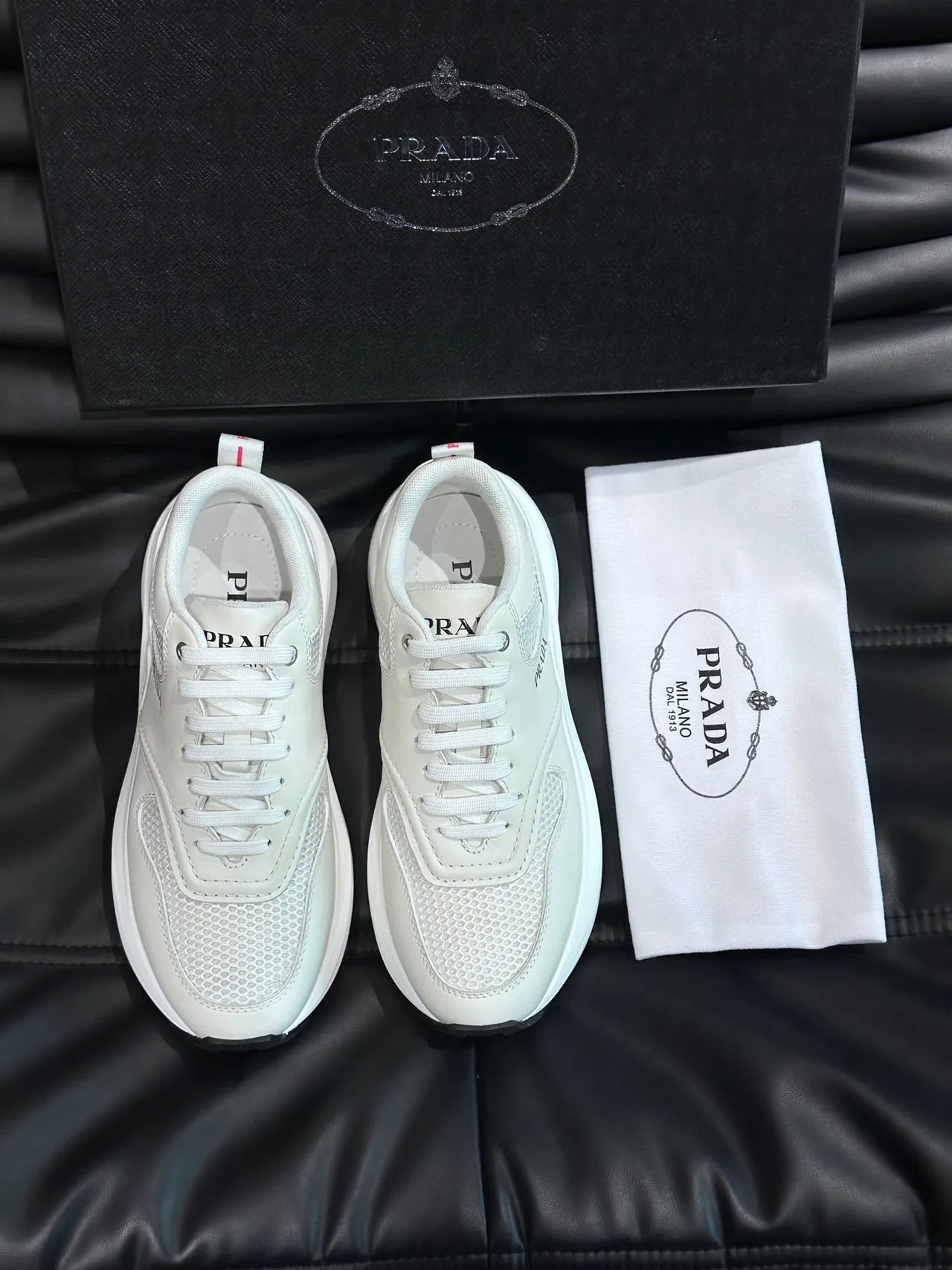 Prada White Black Mesh-and-Leather Upper Low-Top Silhouette Lifestyle Sneakers 3
