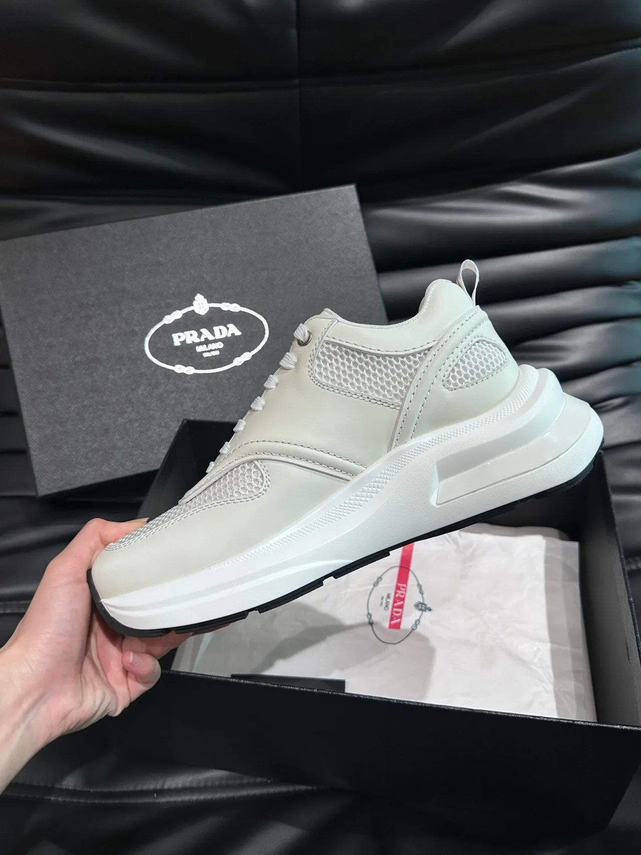 Prada White Black Mesh-and-Leather Upper Low-Top Silhouette Lifestyle Sneakers 6