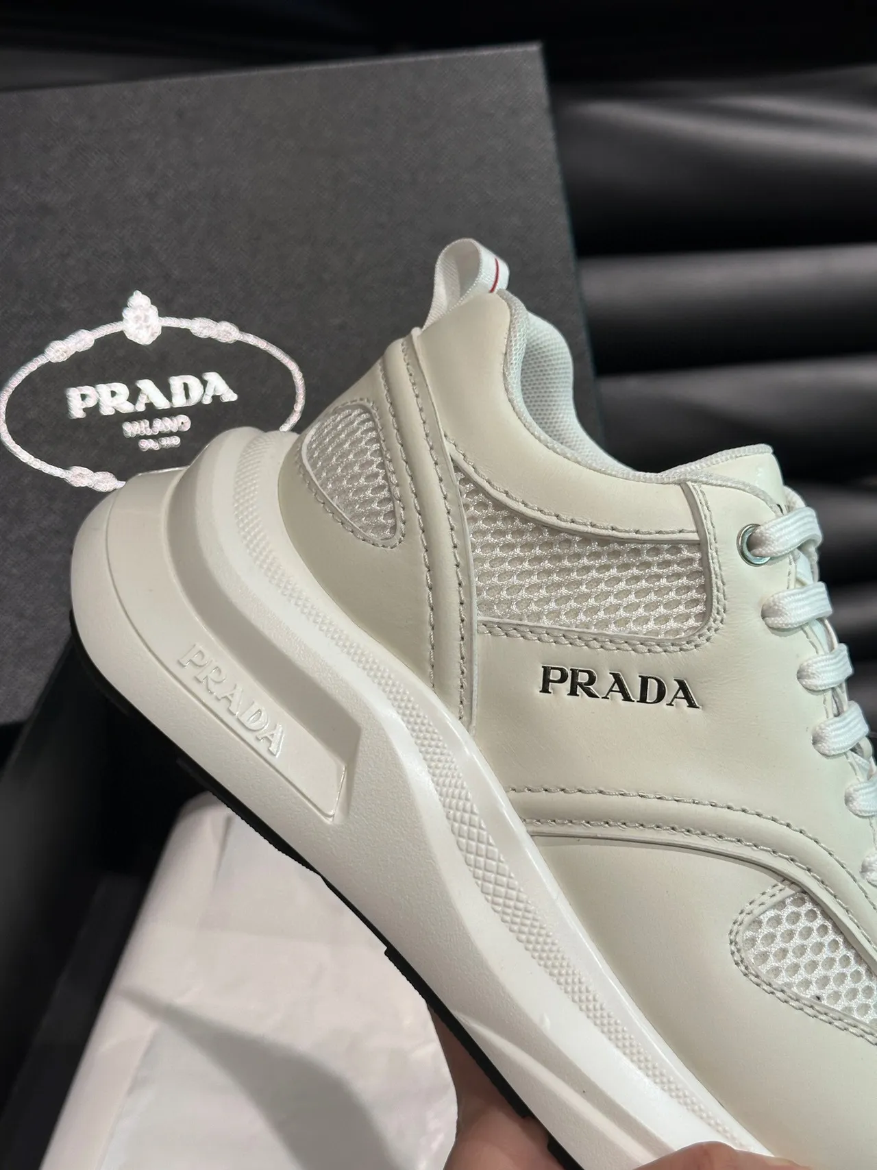 Prada White Black Mesh-and-Leather Upper Low-Top Silhouette Lifestyle Sneakers 7