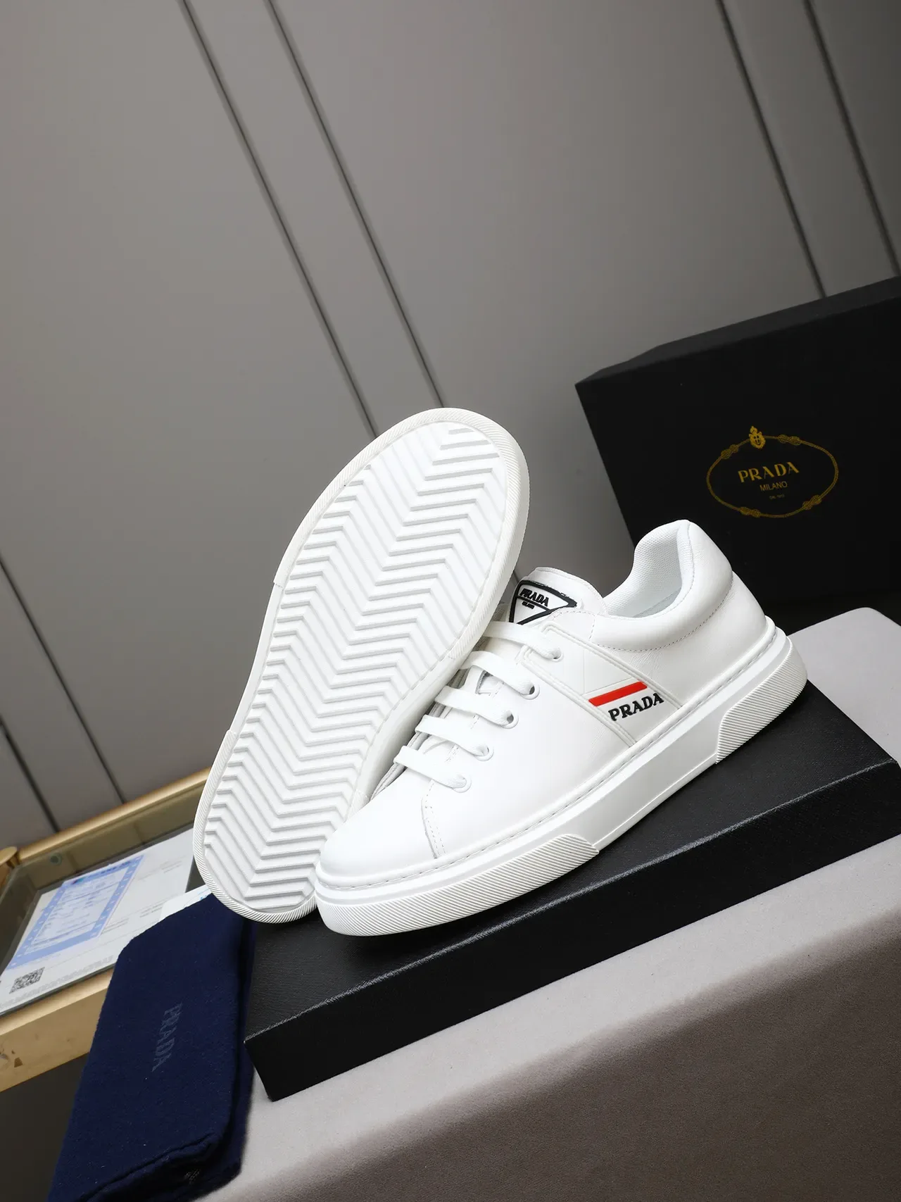 Prada White Red Low-Top Platform Sole Lifestyle Sneakers 4
