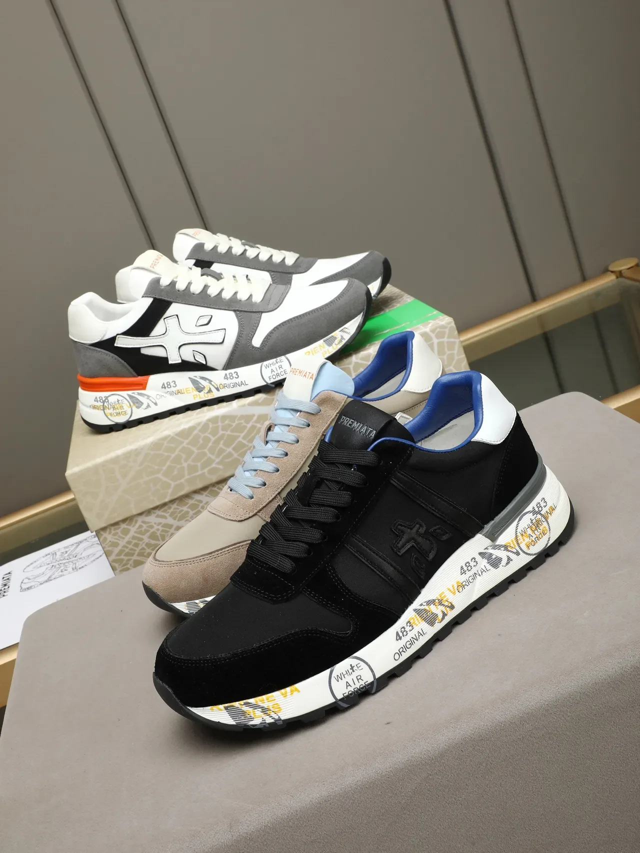 Premiata White Gray Multi-Panel Suede And Synthetic Upper H-Logo Side Emblem Sneakers 2