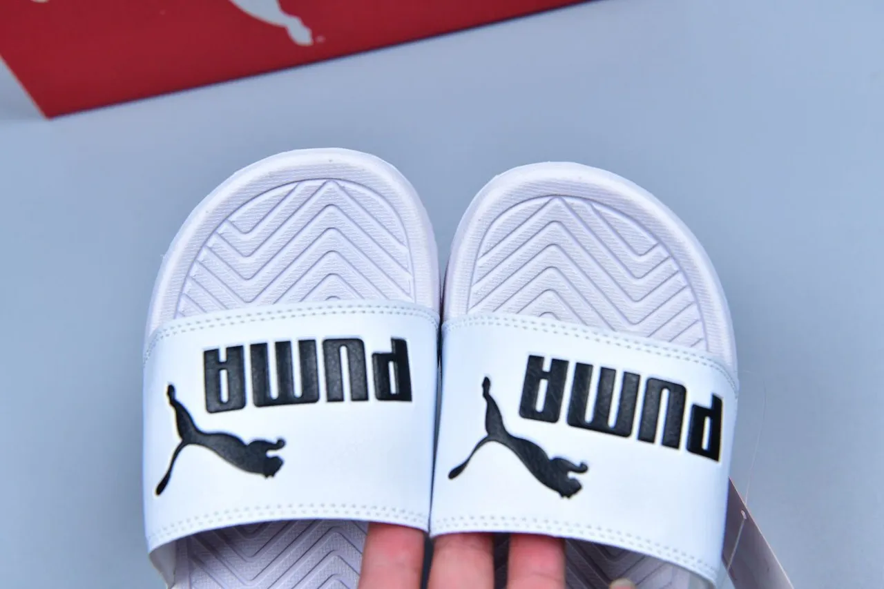 Puma Slide White Black Logo Slippers 3
