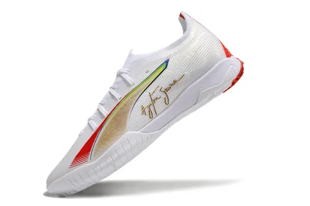 Puma White Red Low-Profile Knit Upper Iridescent Rainbow Stripe Indoor Soccer Shoes 3