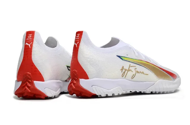 Puma White Red Low-Profile Knit Upper Iridescent Rainbow Stripe Indoor Soccer Shoes 5