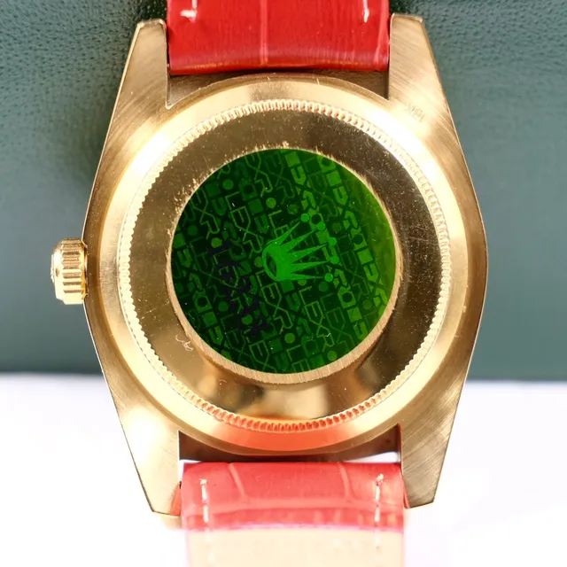 Rolex Day-Date बर्गंडी डायल सोने की फ्ल्यूटेड बेजल लाल चमड़े की पट्टी यांत्रिक घड़ी 3