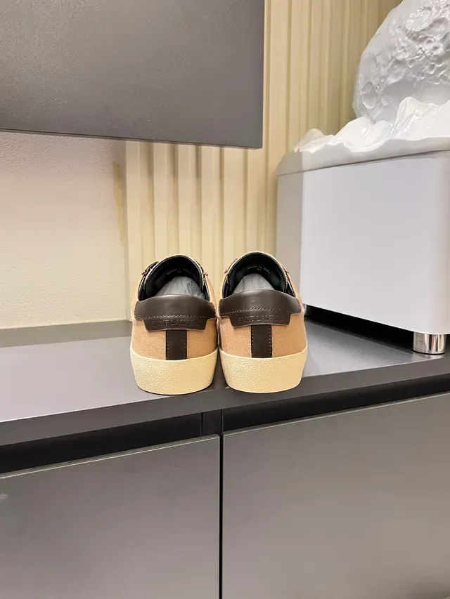 Saint Laurent Beige Brown Tige Toile Détails Cuir Sneakers Lifestyle 2