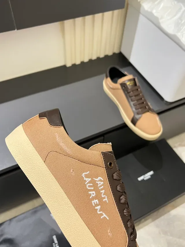 Saint Laurent Beige Brown Tige Toile Détails Cuir Sneakers Lifestyle 3