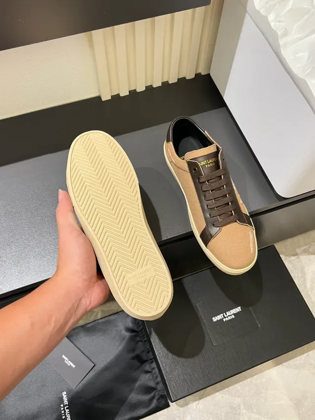 Saint Laurent Beige Brown Tige Toile Détails Cuir Sneakers Lifestyle 4