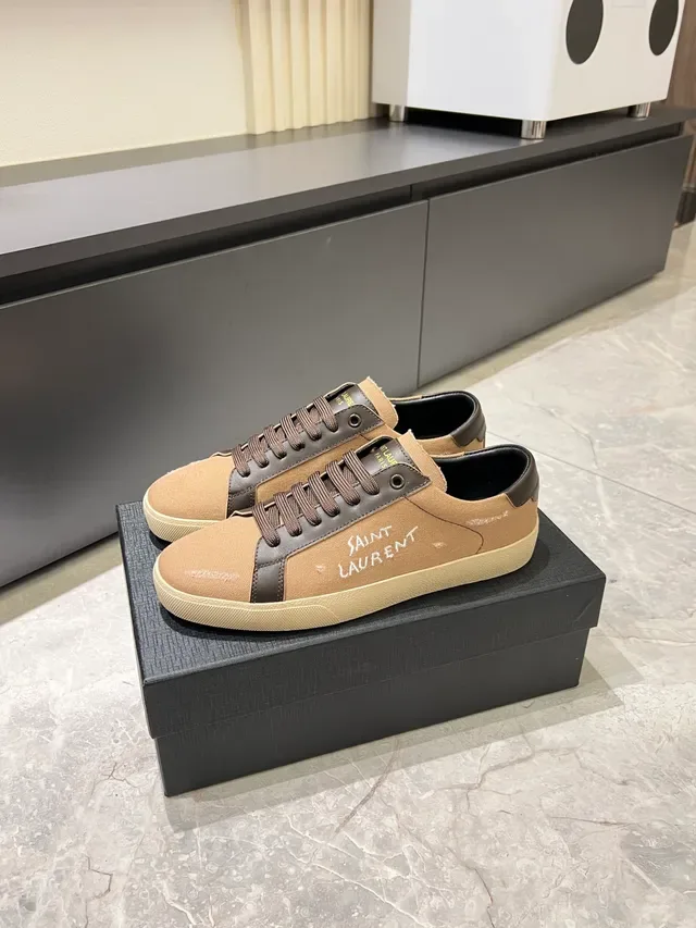Saint Laurent Beige Brown Tige Toile Détails Cuir Sneakers Lifestyle 5