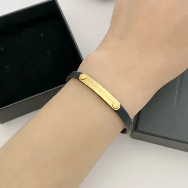 Saint Laurent Black Gold Rubber-Like Band H-Bar Clasp Bracelet 2