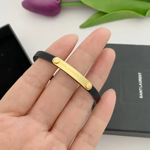 Saint Laurent Black Gold Rubber-Like Band H-Bar Clasp Bracelet 3