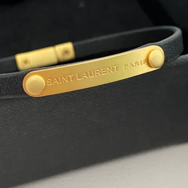 Saint Laurent Black Gold Rubber-Like Band H-Bar Clasp Bracelet 5