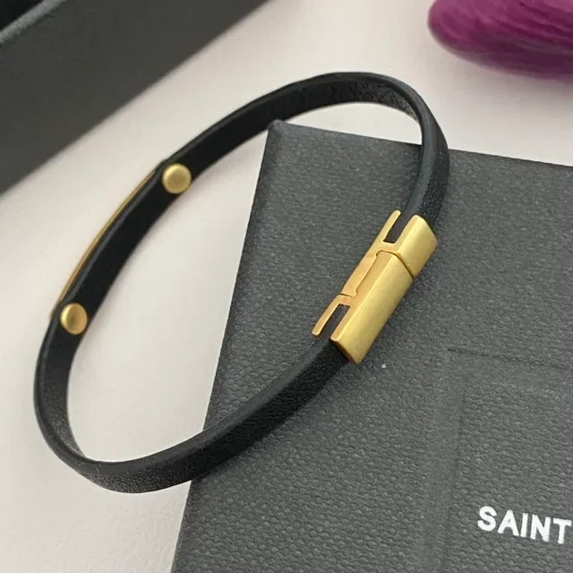 Saint Laurent Black Gold Rubber-Like Band H-Bar Clasp Bracelet 6