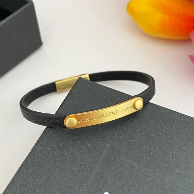 Saint Laurent Black Gold Rubber-Like Band H-Bar Clasp Bracelet 7