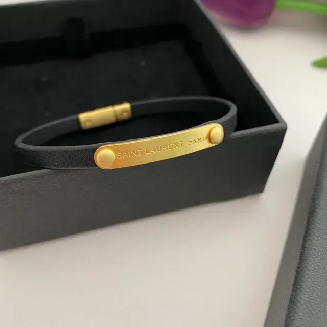 Saint Laurent Black Gold Rubber-Like Band H-Bar Clasp Bracelet 8