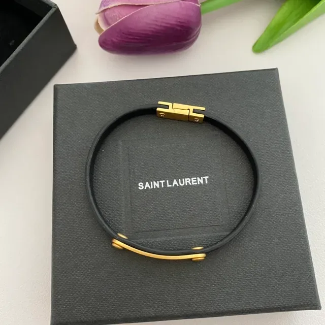 Saint Laurent Black Gold Rubber-Like Band H-Bar Clasp Bracelet 9