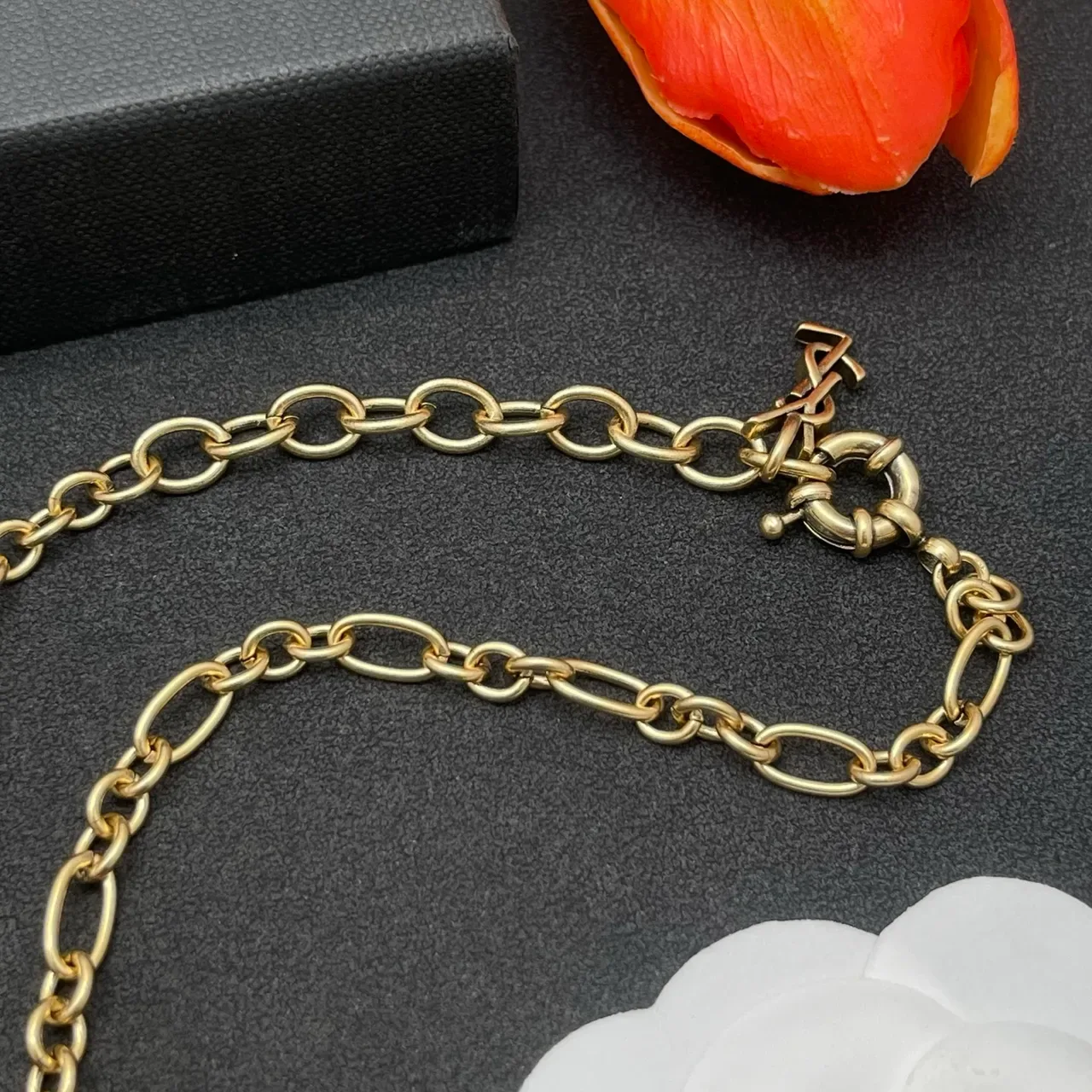 Saint Laurent गोल्ड सिल्वर चंकी ओवल लिंक चेन सर्कुलर टेक्स्चर्ड पेंडेंट नेकलेस 5