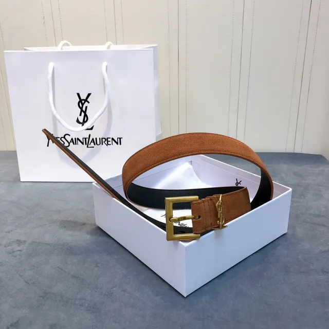 Saint Laurent Monogram Belt Tan and Black Reversible Suede Leather Belt 5