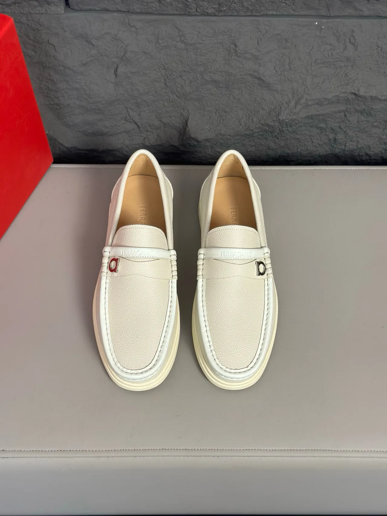 Salvatore Ferragamo Gancini Loafer Off-White Pebbled Leather Loafers 2