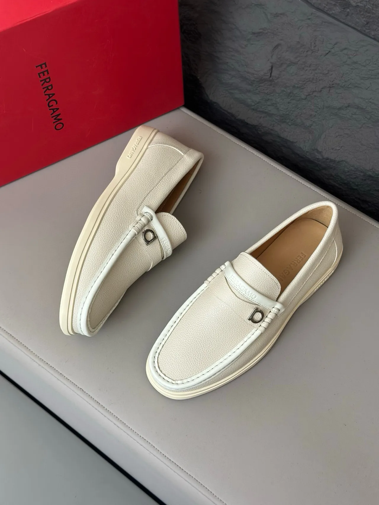 Salvatore Ferragamo Gancini Loafer Off-White Pebbled Leather Loafers 3