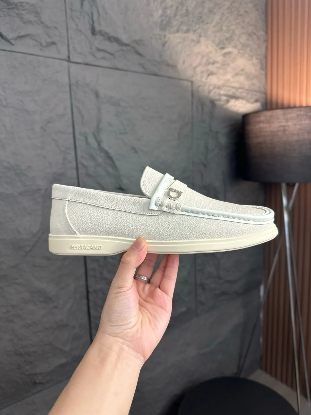 Salvatore Ferragamo Gancini Loafer Off-White Pebbled Leather Loafers 4