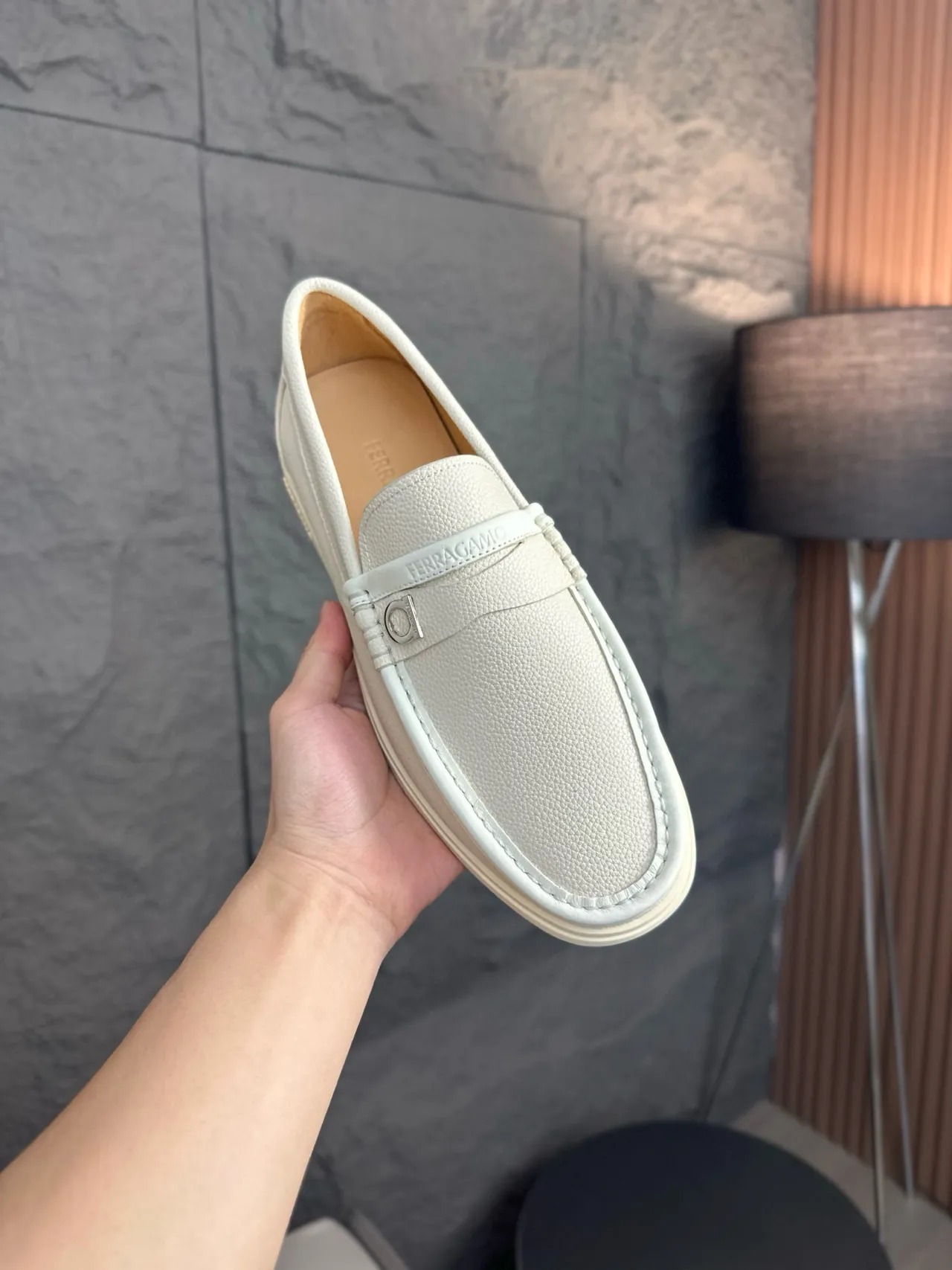 Salvatore Ferragamo Gancini Loafer Off-White Pebbled Leather Loafers 5