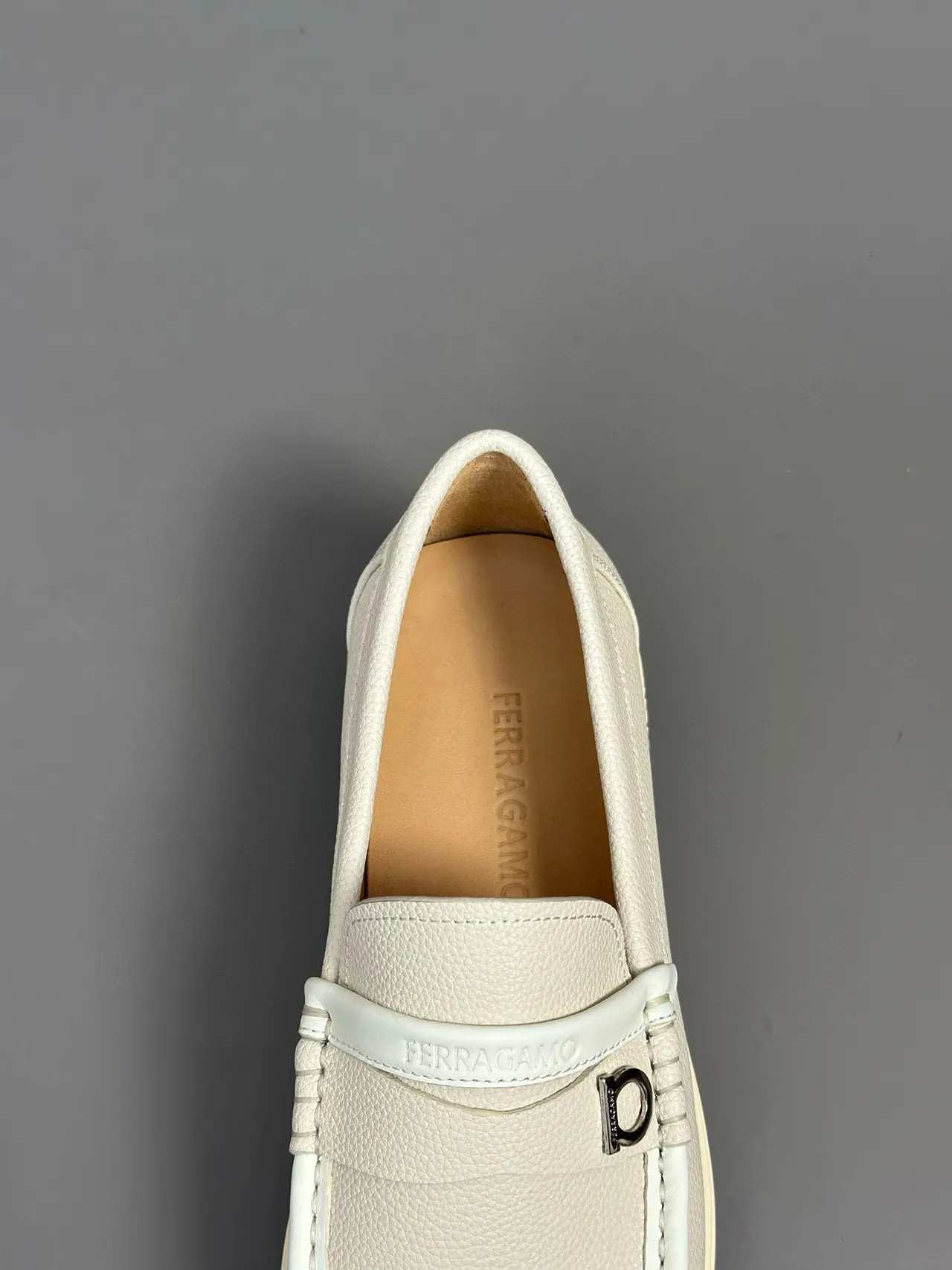 Salvatore Ferragamo Gancini Loafer Off-White Pebbled Leather Loafers 8