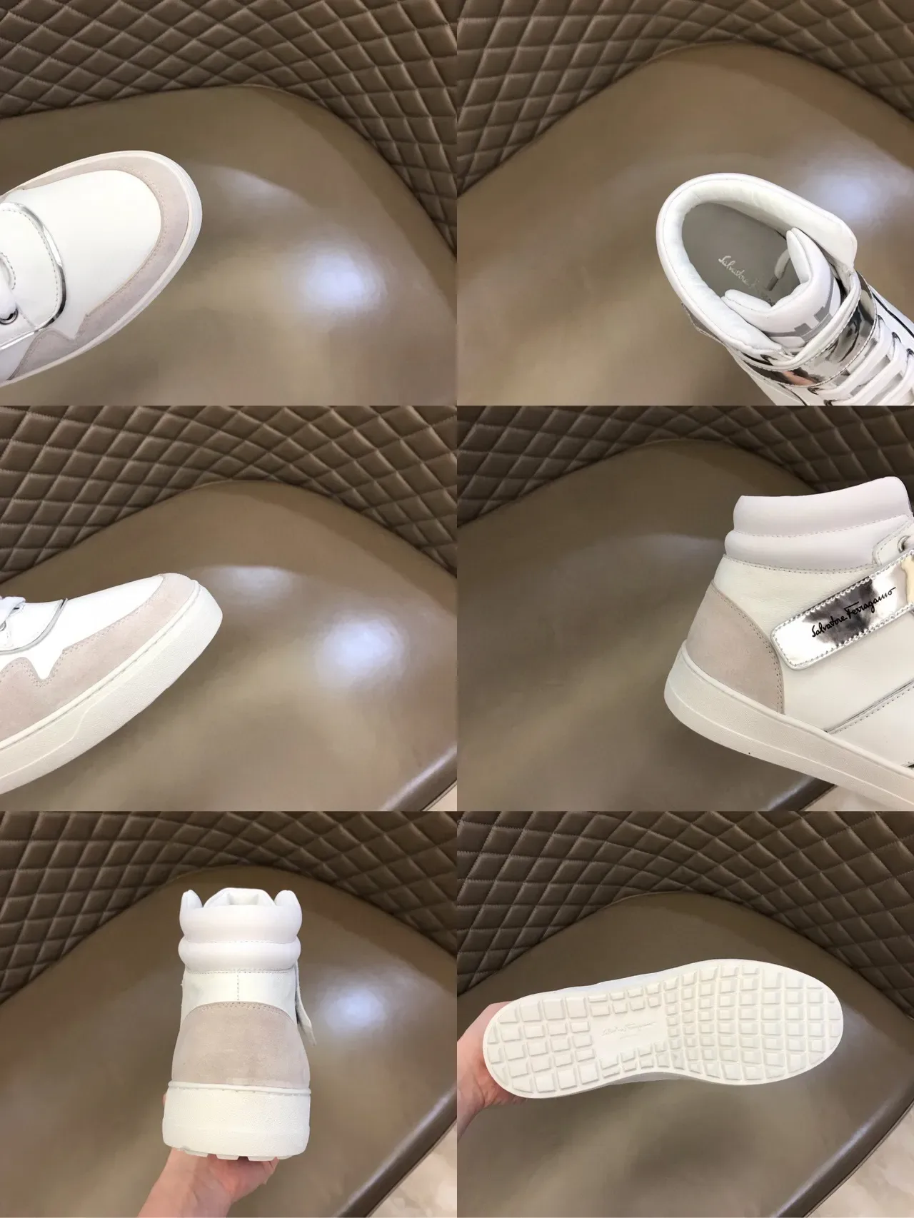 Salvatore Ferragamo Tênis Branco Prateado De Couro E Tecido De Alto 2