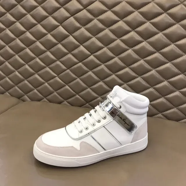 Salvatore Ferragamo Tênis Branco Prateado De Couro E Tecido De Alto 6