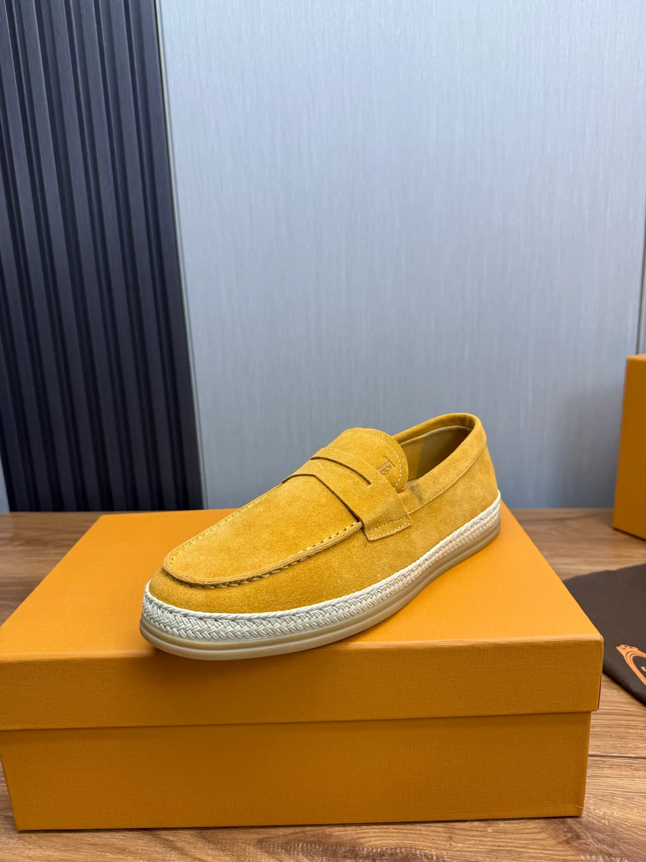 Tod's Penny Loafer Mustard Yellow Suede Espadrille Sole Loafers 2