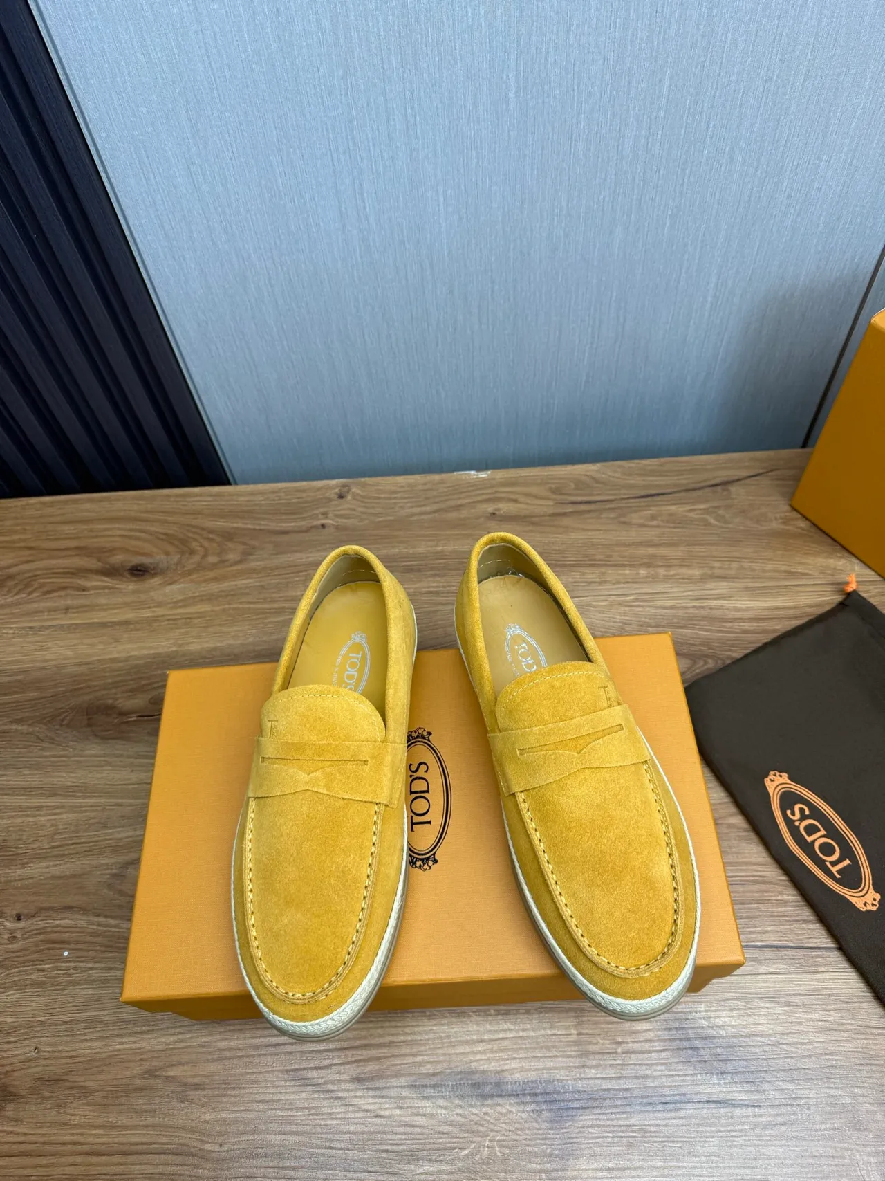 Tod's Penny Loafer Mustard Yellow Suede Espadrille Sole Loafers 3