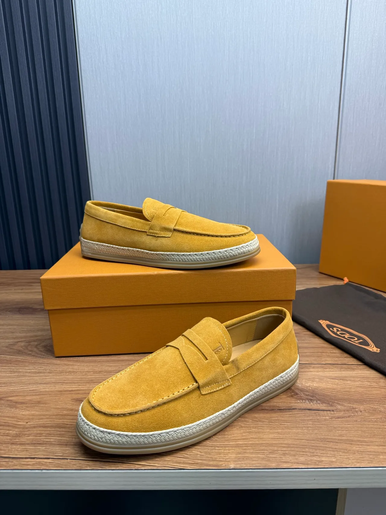 Tod's Penny Loafer Mustard Yellow Suede Espadrille Sole Loafers 4