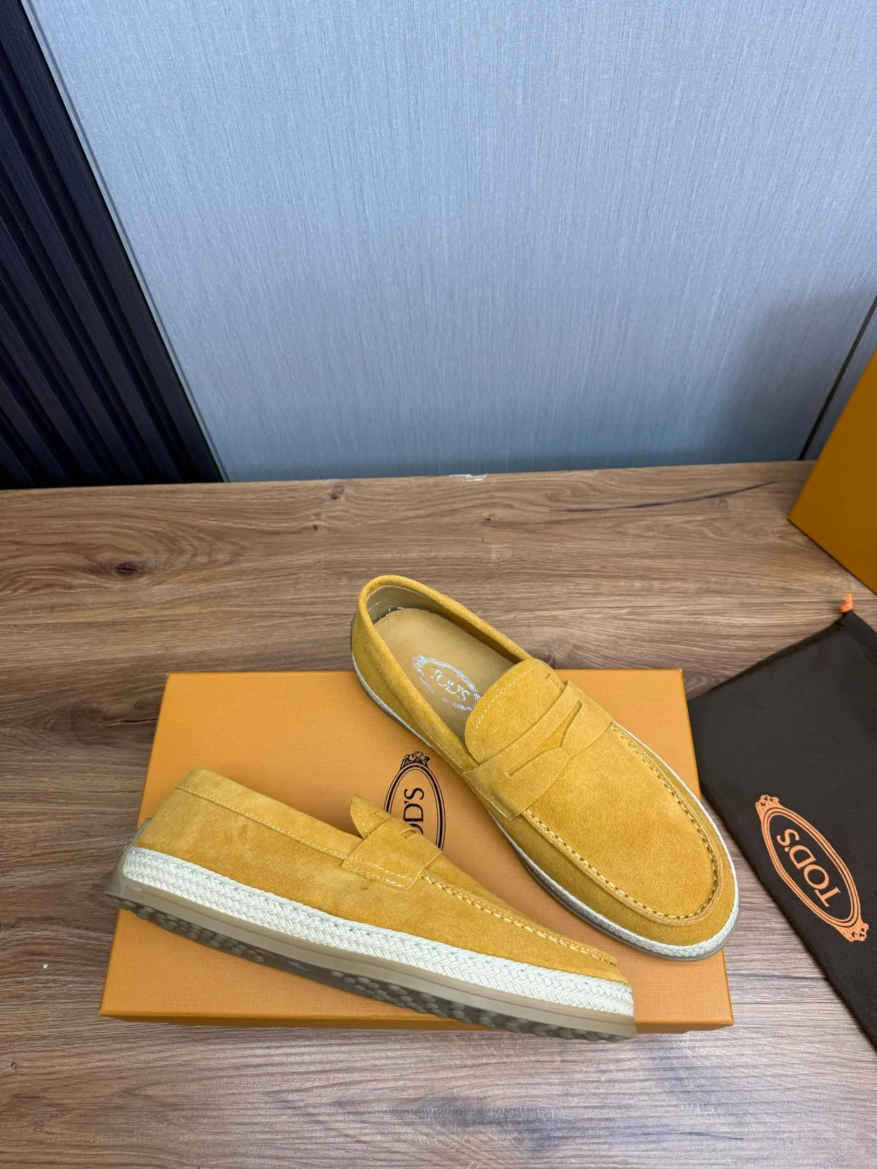 Tod's Penny Loafer Mustard Yellow Suede Espadrille Sole Loafers 6