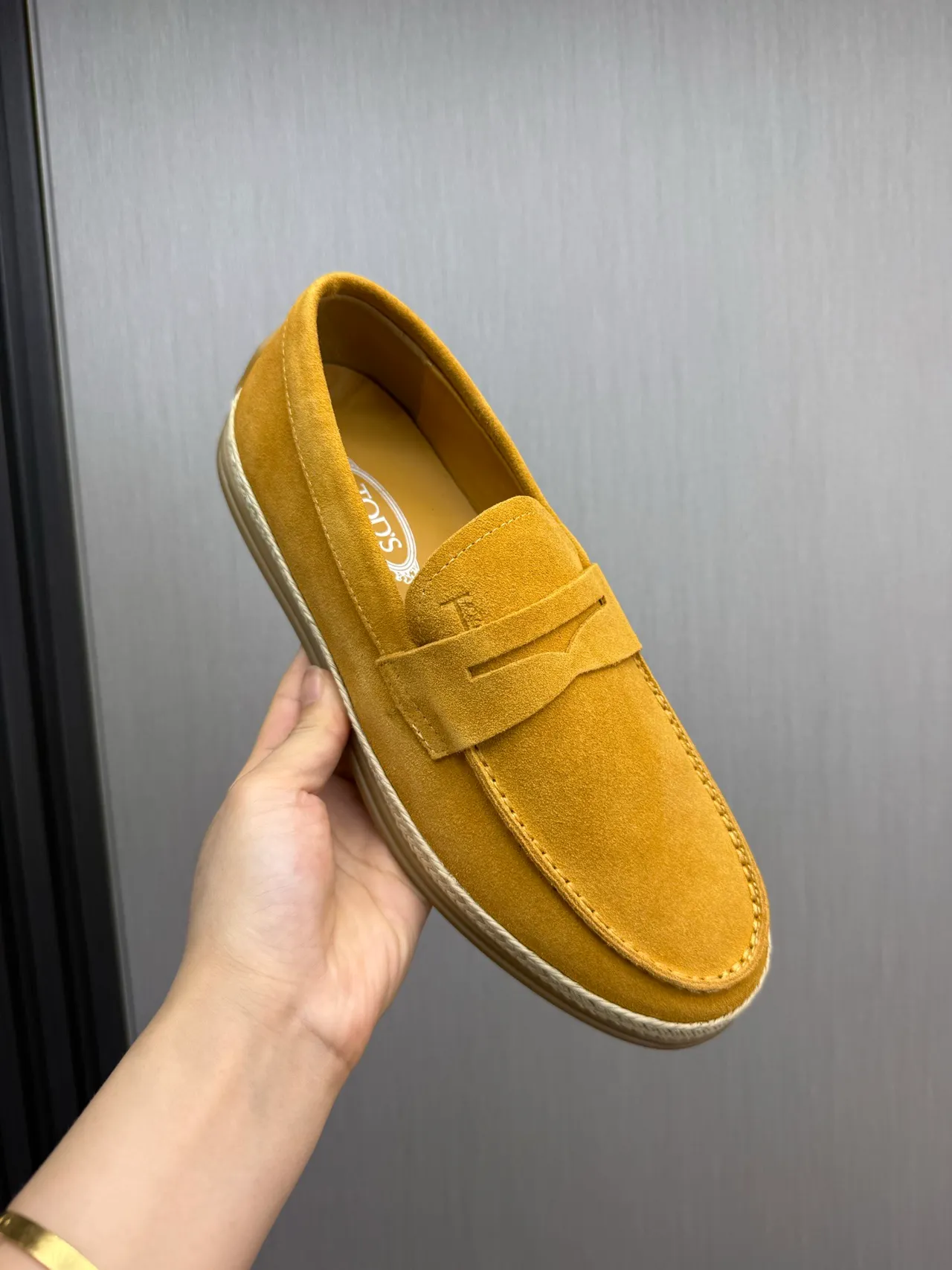 Tod's Penny Loafer Mustard Yellow Suede Espadrille Sole Loafers 8