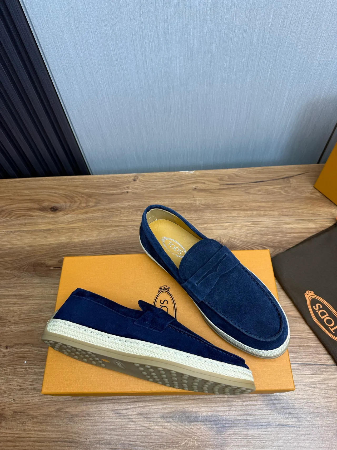 Tod's Penny Loafer Navy Beige Suede Upper Strap Loafer 6